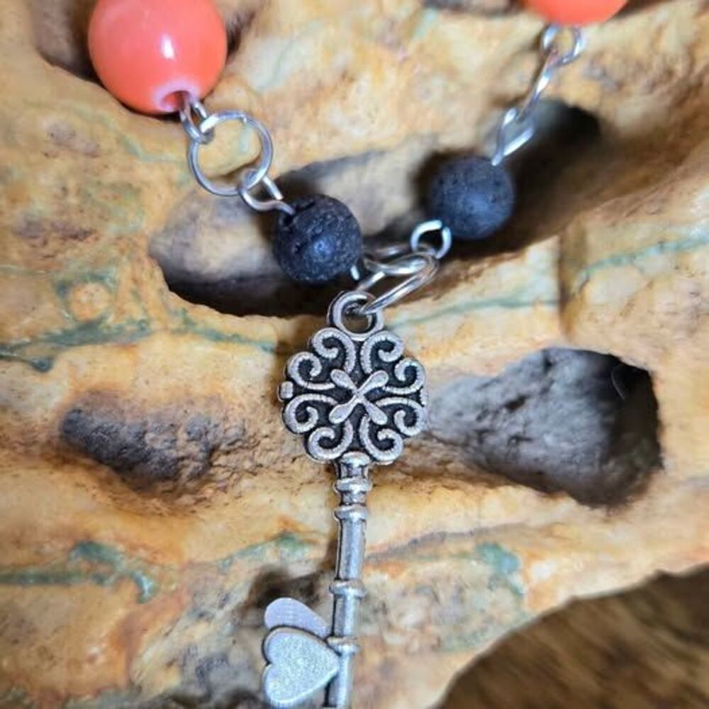 Aromatherapy Skeleton Key Necklace with Coral Accent Beads | 18" Silver Tone